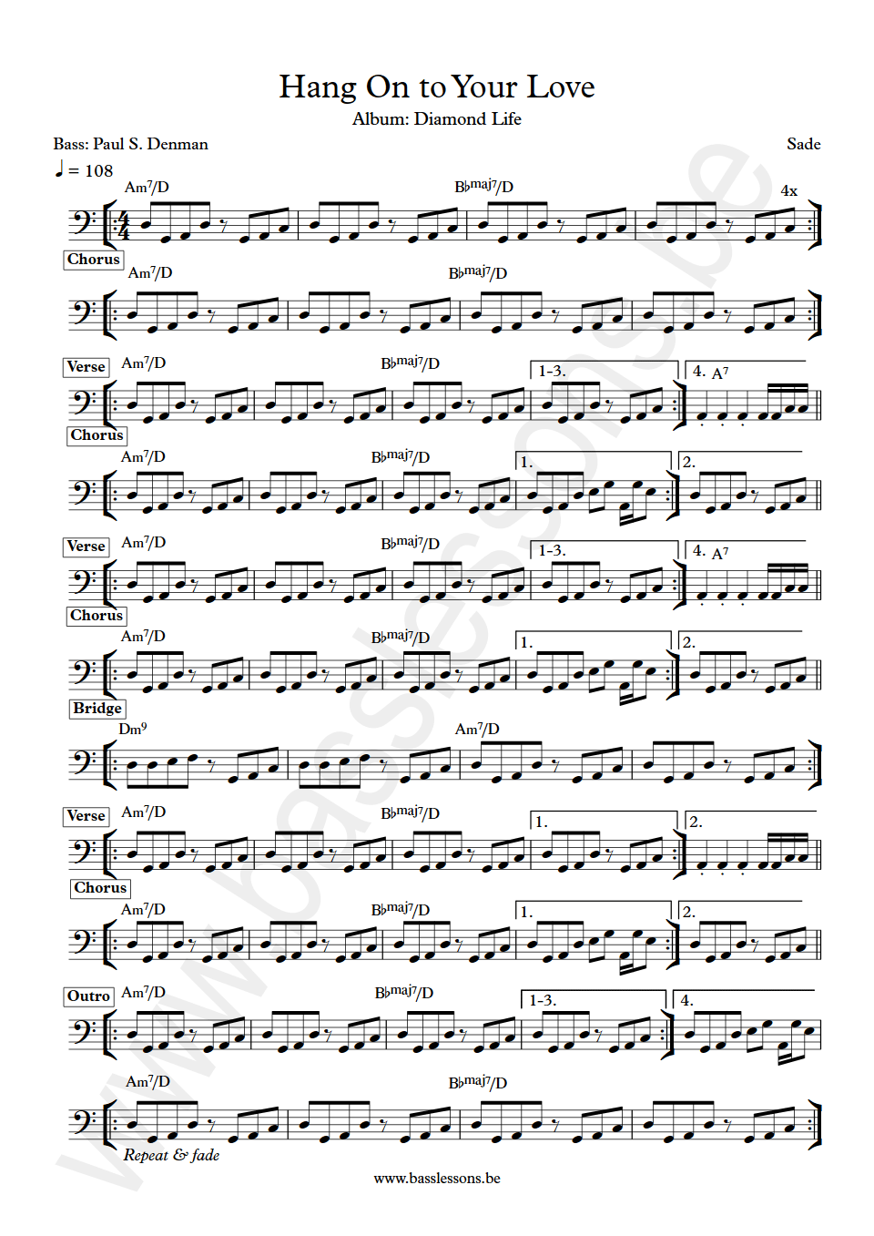 Sade Hang On to Your Love Paul S. Denman bass transcription