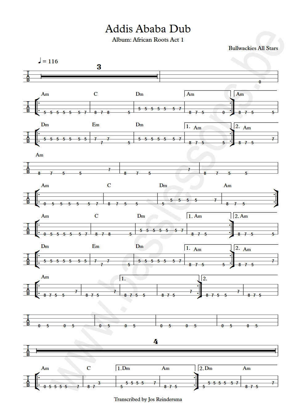 Bullwackies All Stars Addis Ababa Dub bass tab