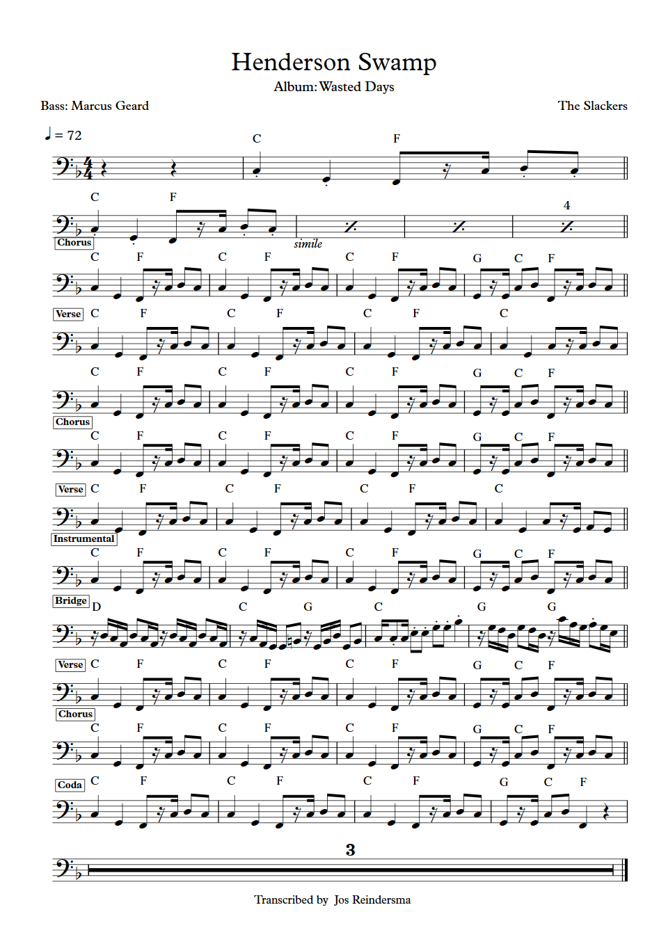 The Slackers Henderson Swamp Marcus Geard bass transcription