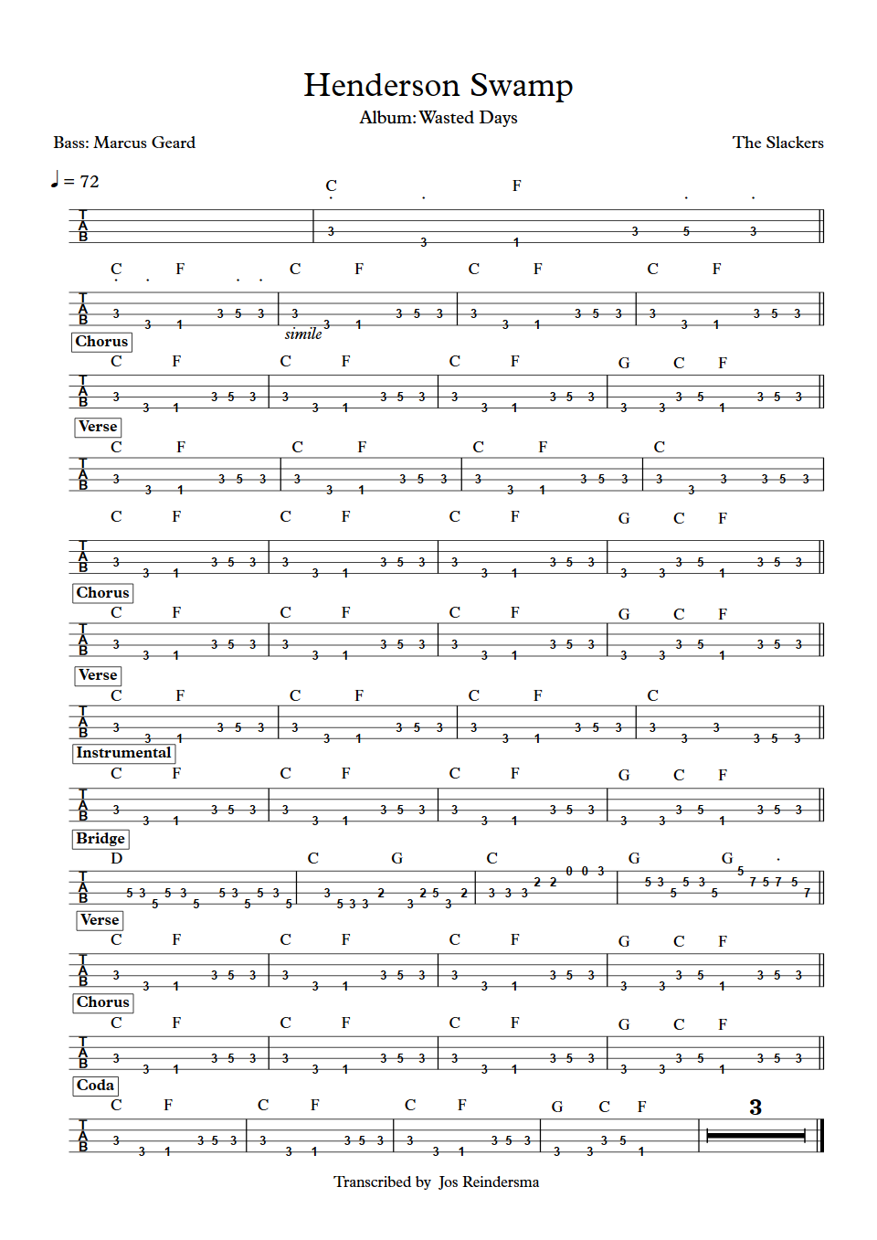 The Slackers Henderson Swamp Marcus Geard bass tab