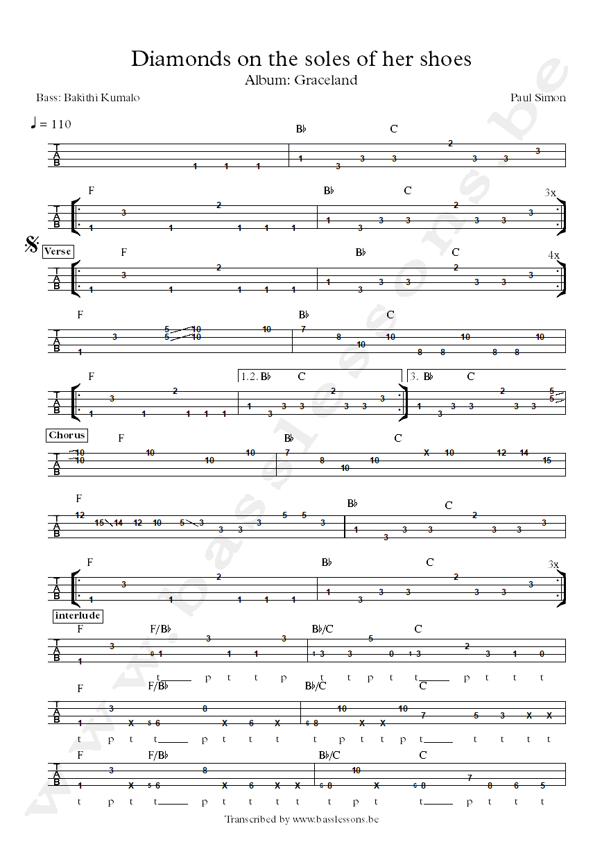 Paul simon Bakiti Kumalo diamonds bass tab