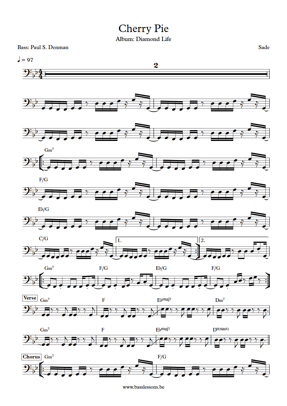 Sade Cherry Pie Paul S. Denman Bass Transcription