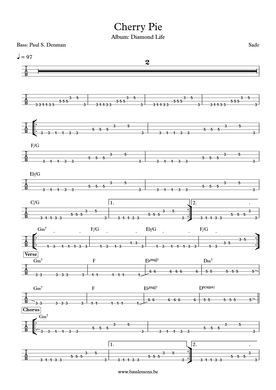 Sade Cherry Pie Paul S. Denman Bass Tab