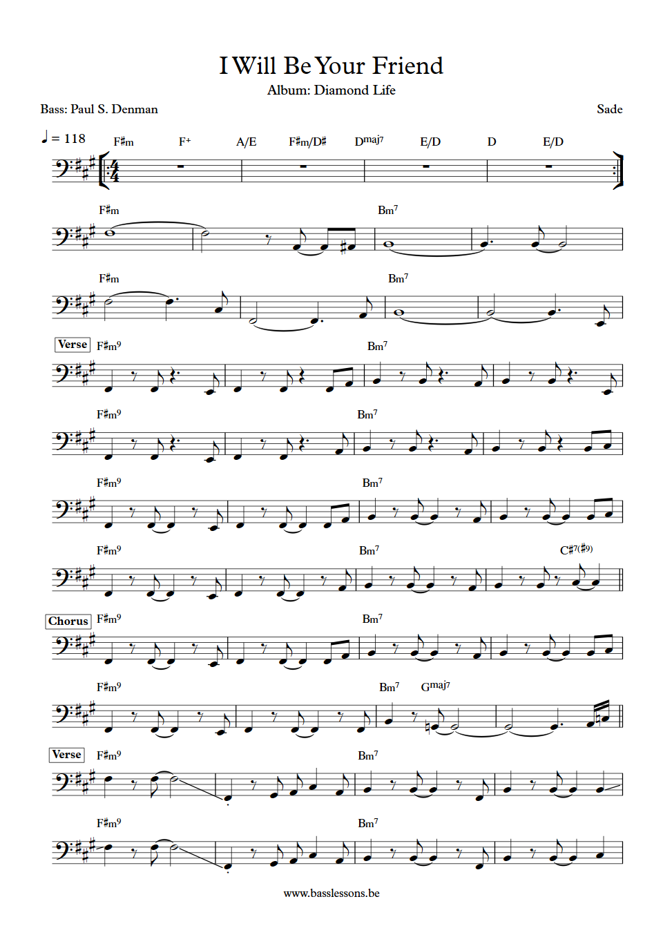 Sade I Will Be Your Friend Paul S. Denman Bass Transcription