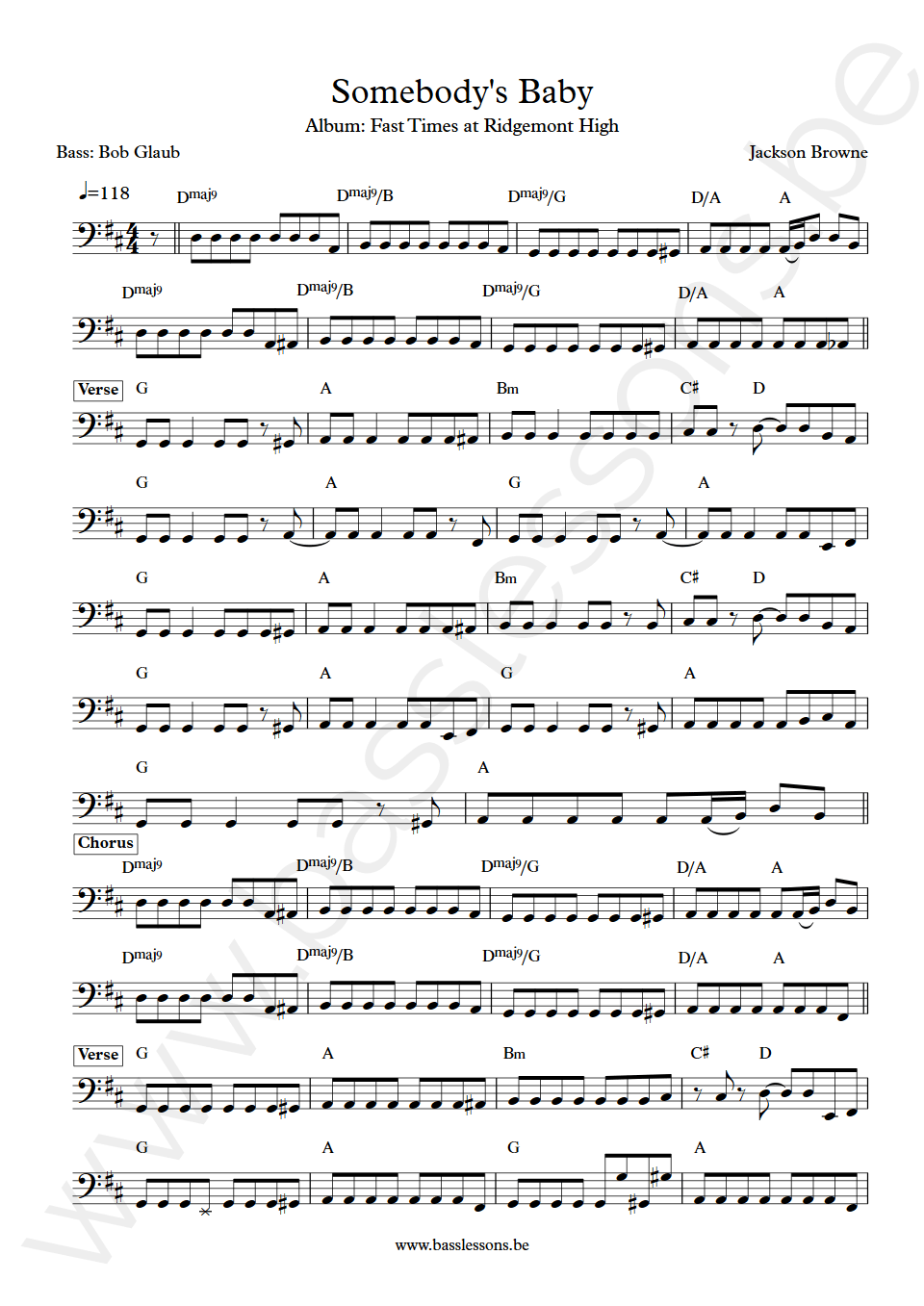 Jackson Browne Somebody's Baby Bob Glaub Bass Transcription