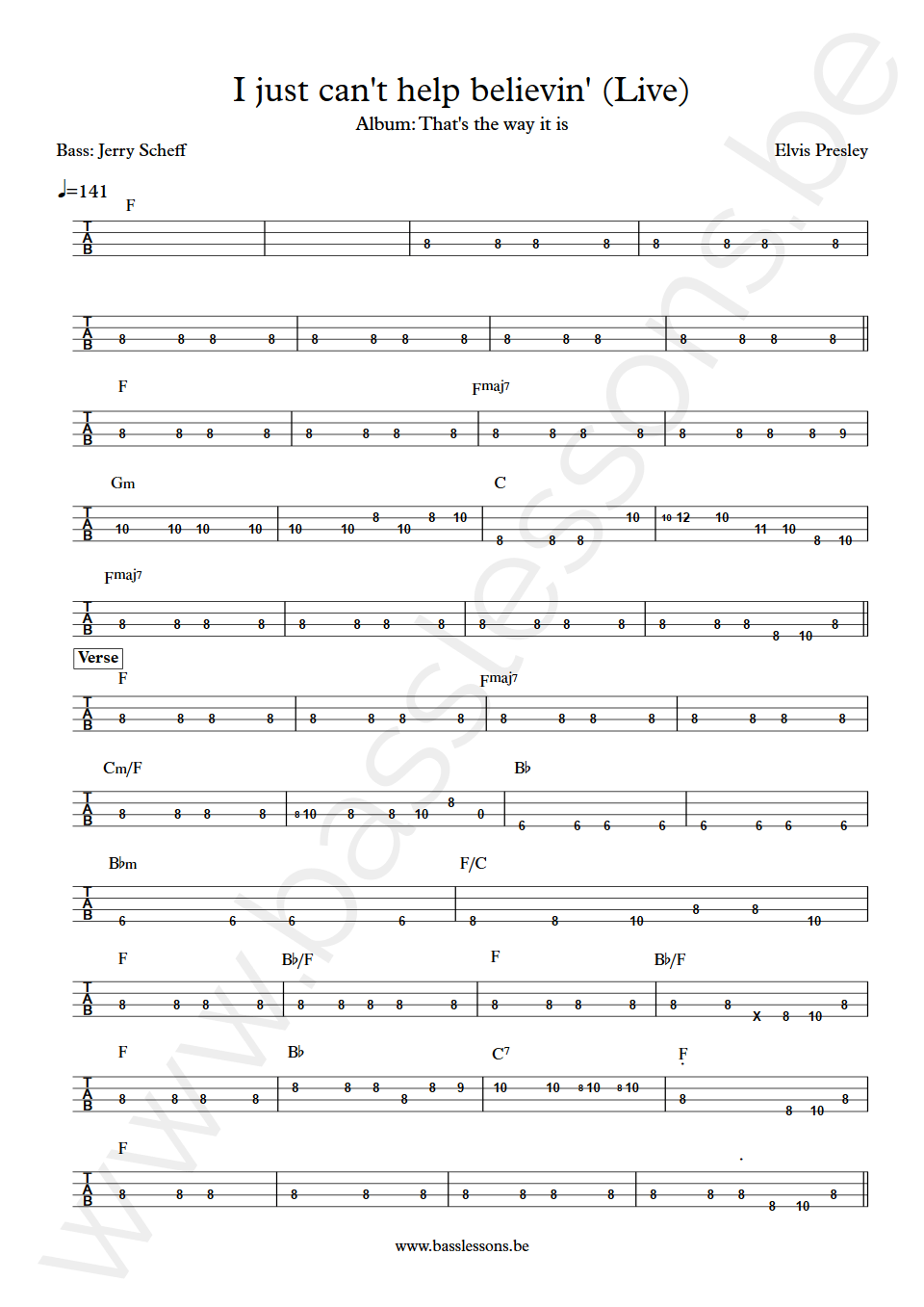 Elvis Presley I just cant help believing Jerry Scheff Bass Tab