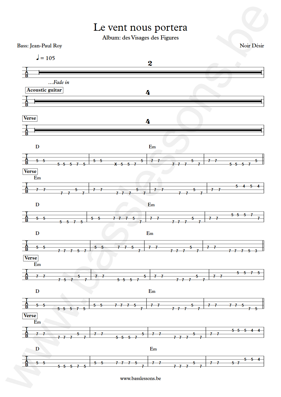 Noir Désir Le vent nous portera Jean-Paul Roy Bass Tab