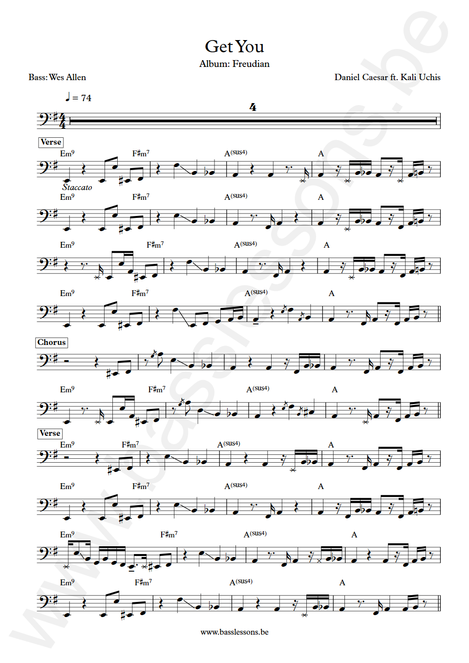 Daniel Caesar ft. Kali Uchis Get You Wes Allen Bass Transcription