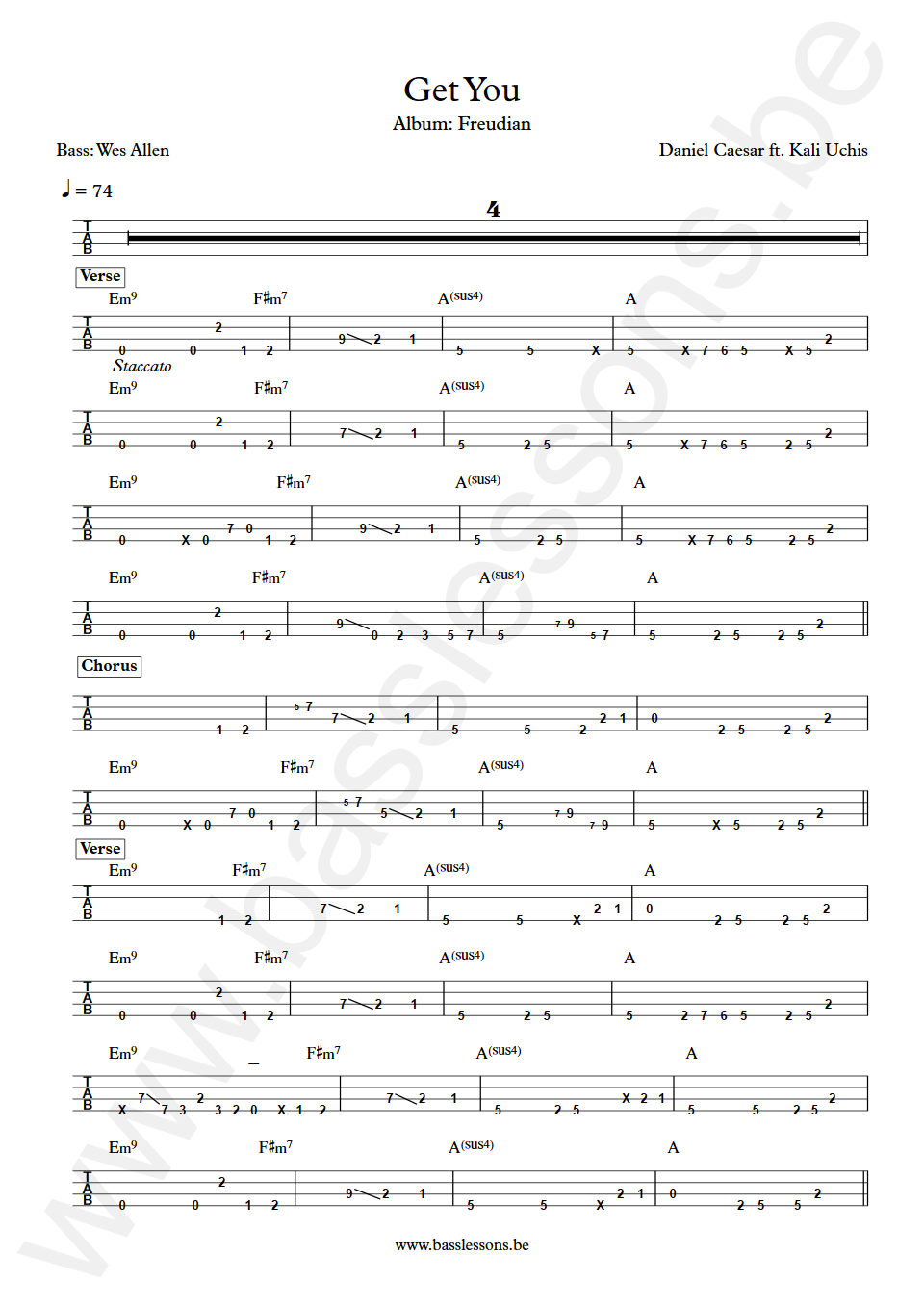 Daniel Caesar ft. Kali Uchis Get You Wes Allen Bass Tab