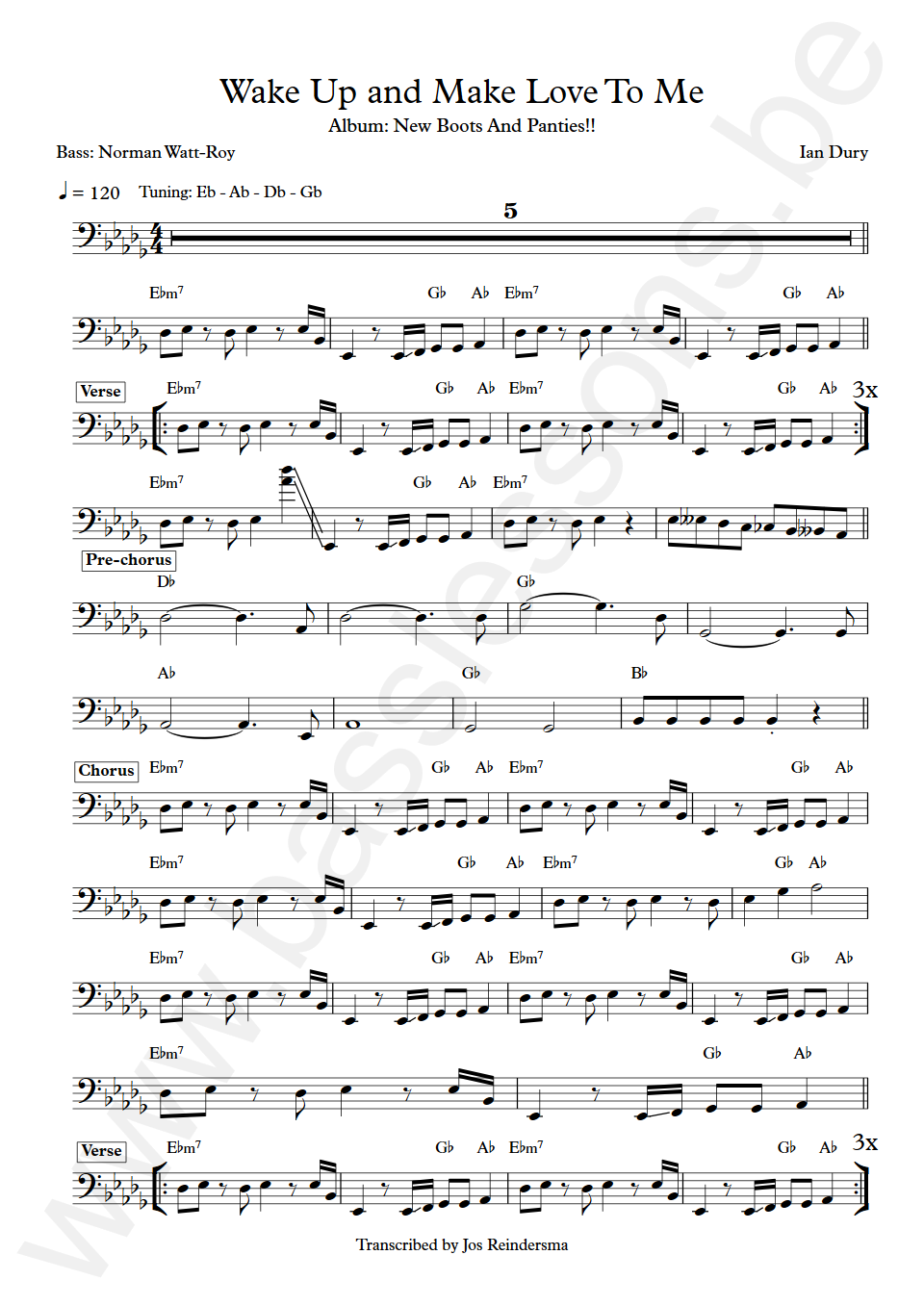 Ian Dury Wake Up and Make Love To Me Norman Watt-Roy Bass Transcription