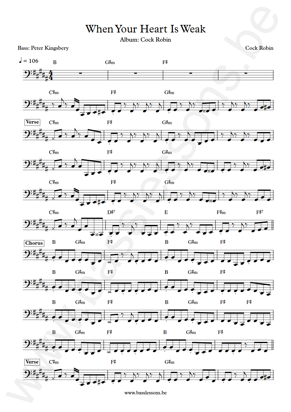 Cock Robin When Your Heart Is Weak Peter Kingsbery Bass Transcription