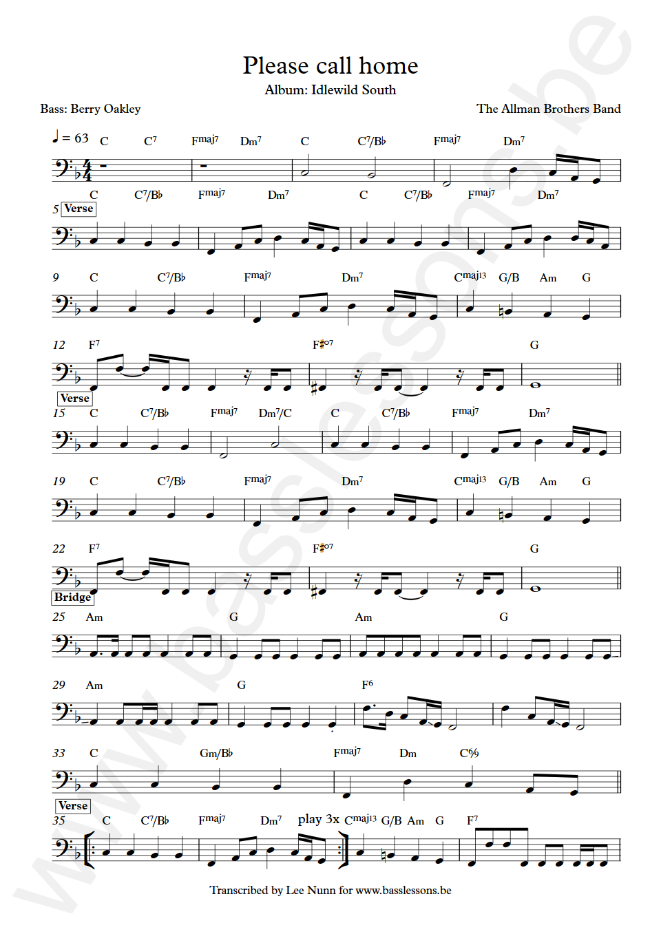 The Allman Brothers Band Please Call Home Berry Oakley Bass Transcription