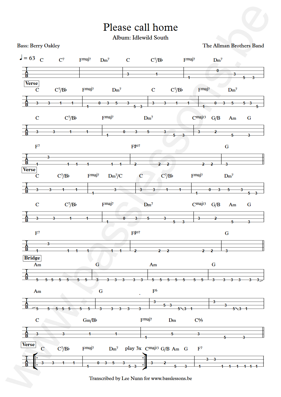 The Allman Brothers Band Please Call Home Berry Oakley Bass Tab