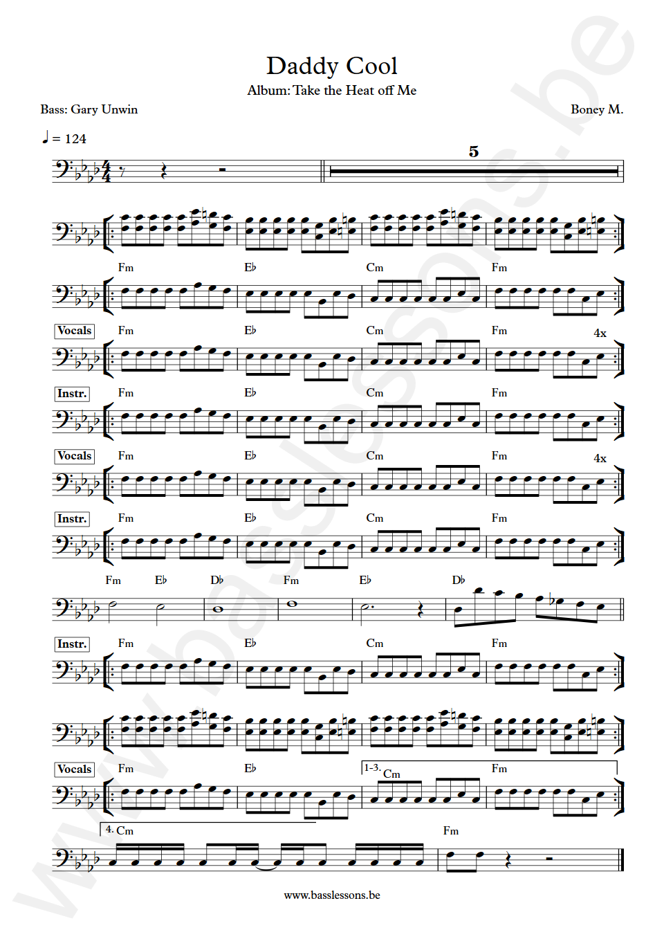 Boney M Daddy Cool Gary Unwin Bass Transcription