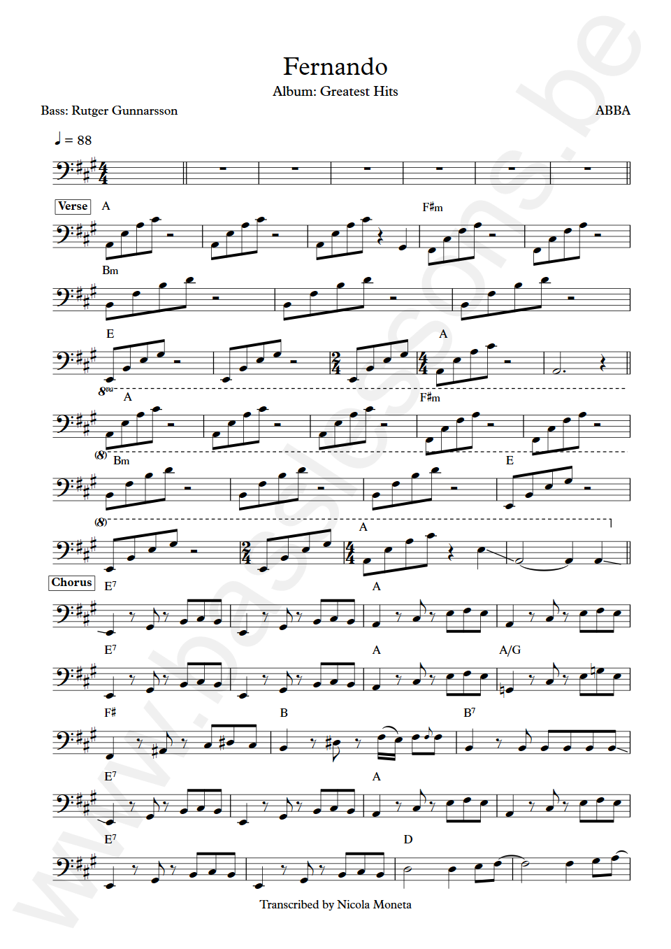 ABBA Fernando Rutger Gunnarsson Bass Transcription