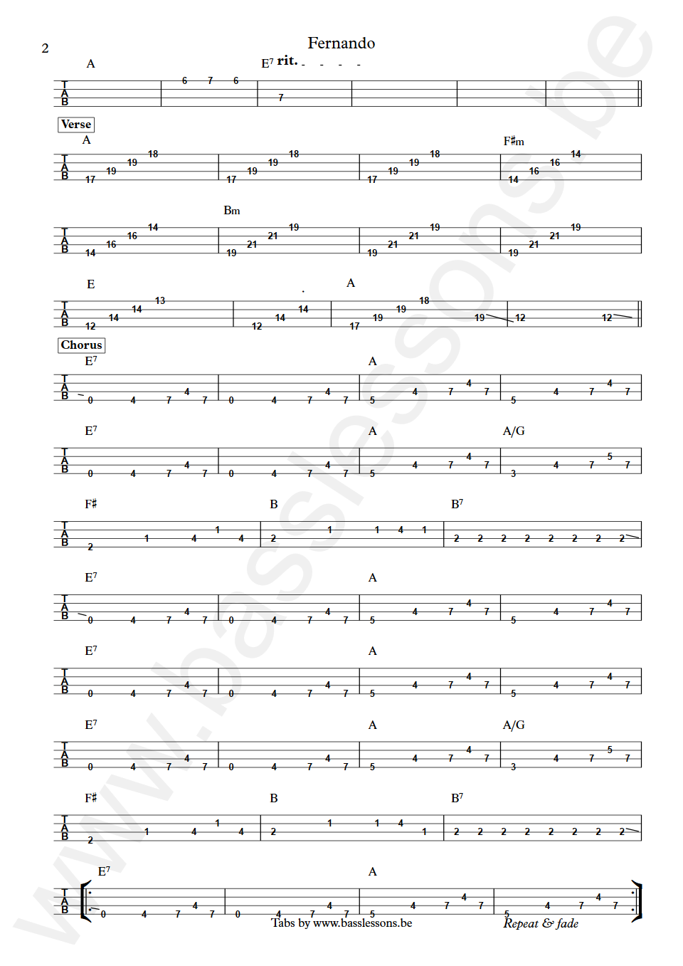 ABBA Fernando Rutger Gunnarsson Bass TAB part 2