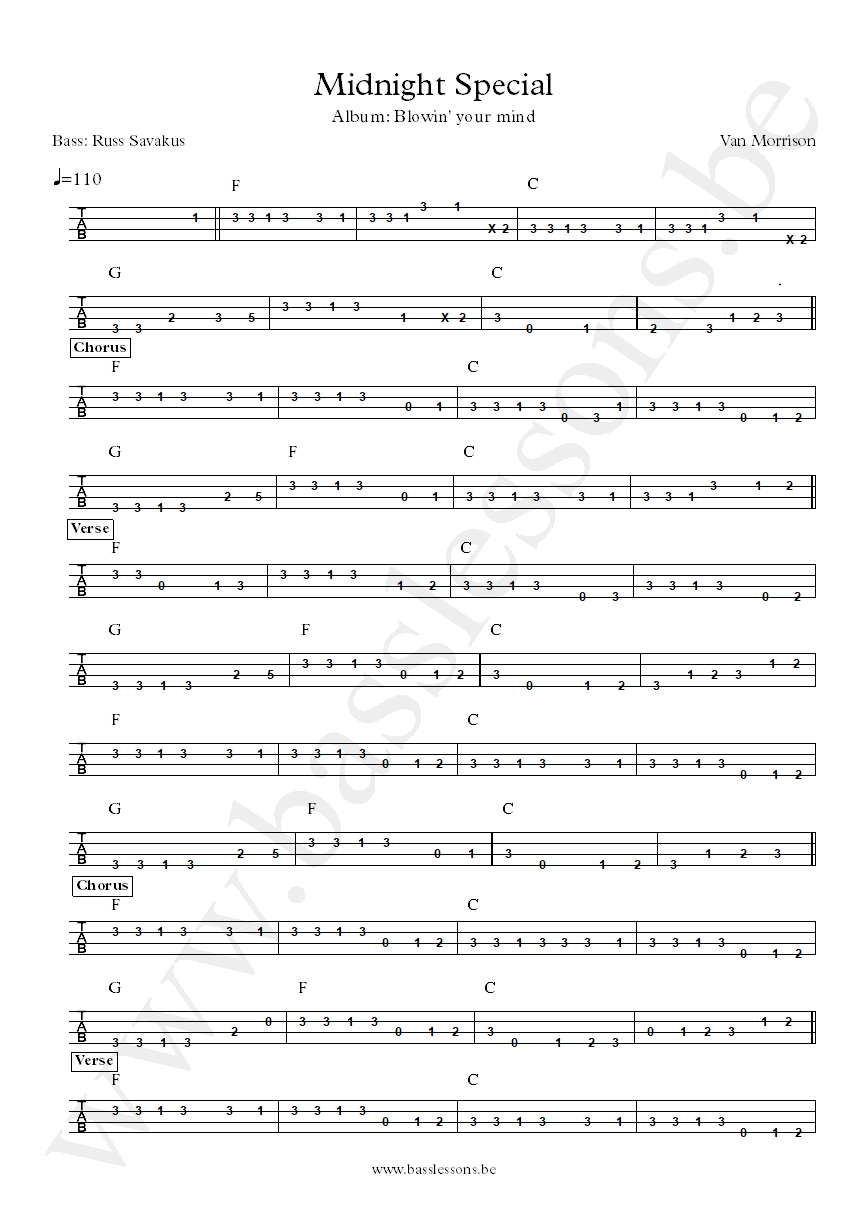 Van Morrison Midnight special Bass tab