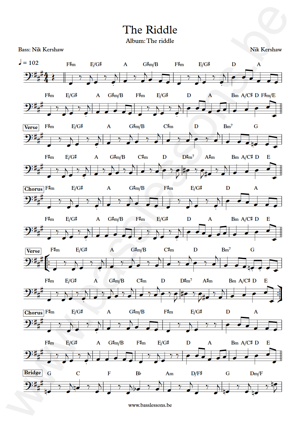 Nik Kershaw The Riddle Nik Kershaw Bass Transcription