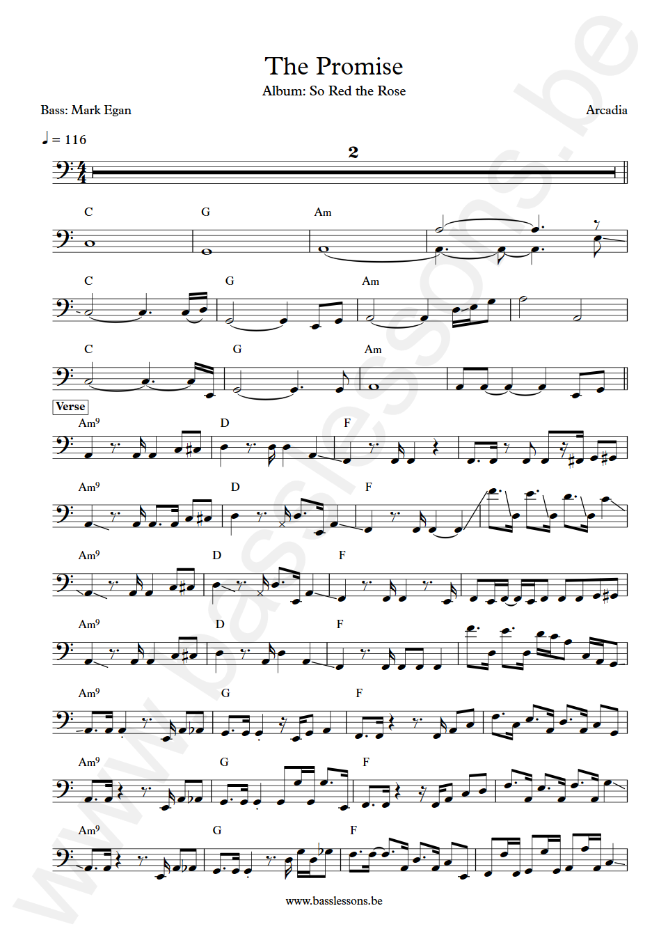 Arcadia The promise Mark Egan Bass Transcription