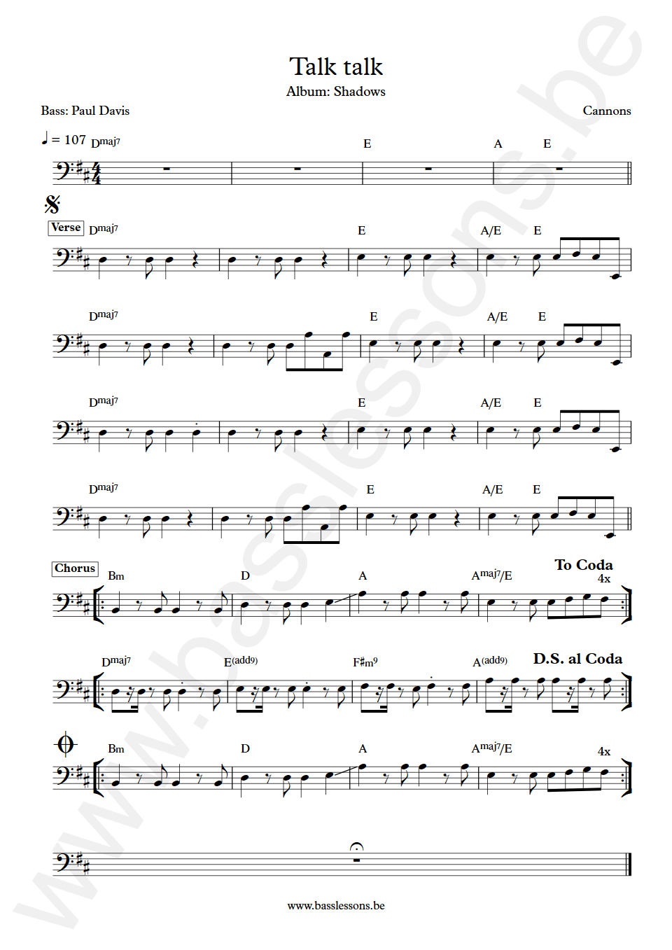 Cannons Talk Talk Paul Davis Bass Transcription