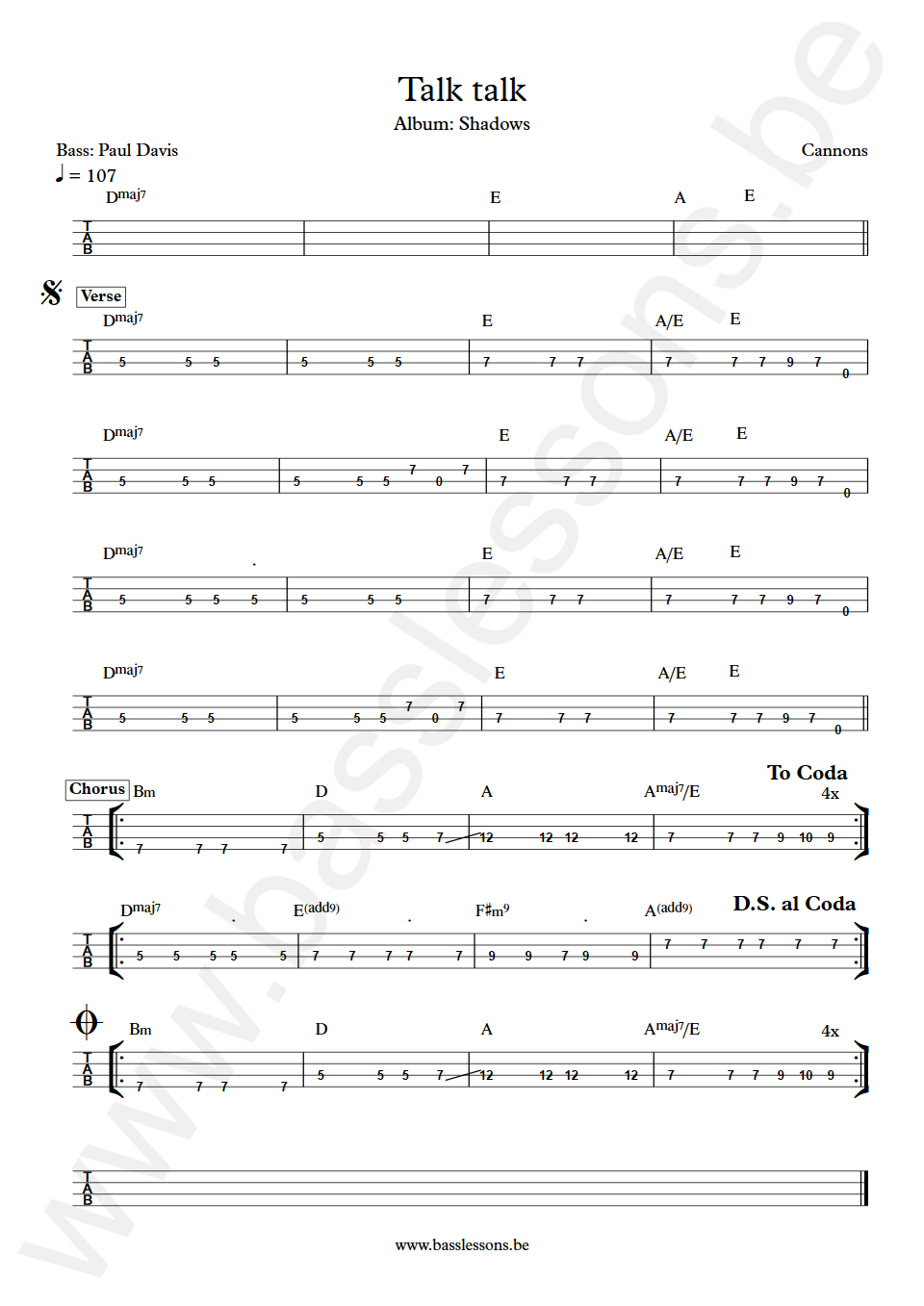 Cannons Talk Talk Paul Davis Bass Tab