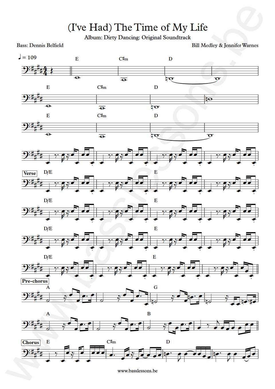 Bill Medley & Jennifer Warnes (I've Had) The Time of My Life Dennis Belfield Bass Transcription