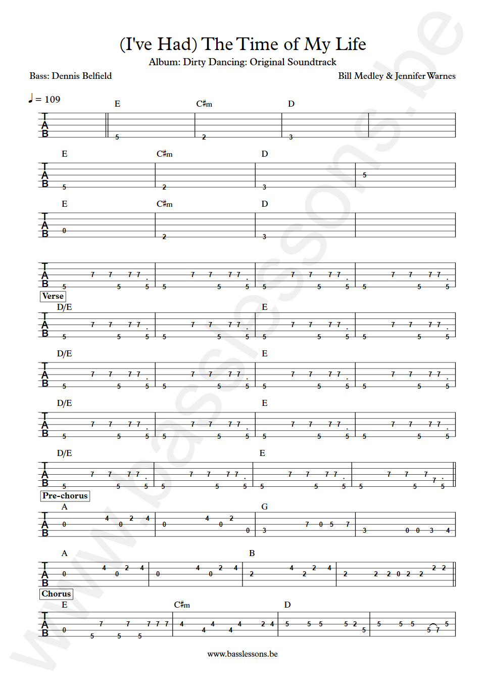 Bill Medley & Jennifer Warnes (I've Had) The Time of My Life Dennis Belfield Bass Tab