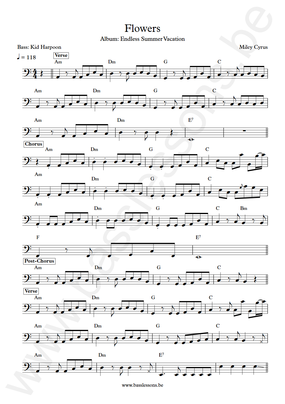 Miley Cyrus Flowers Kid Harpoon Bass Transcription
