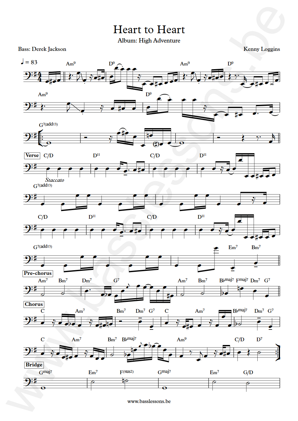 Kenny Loggins Heart to Heart Derek Jackson Bass Transcription