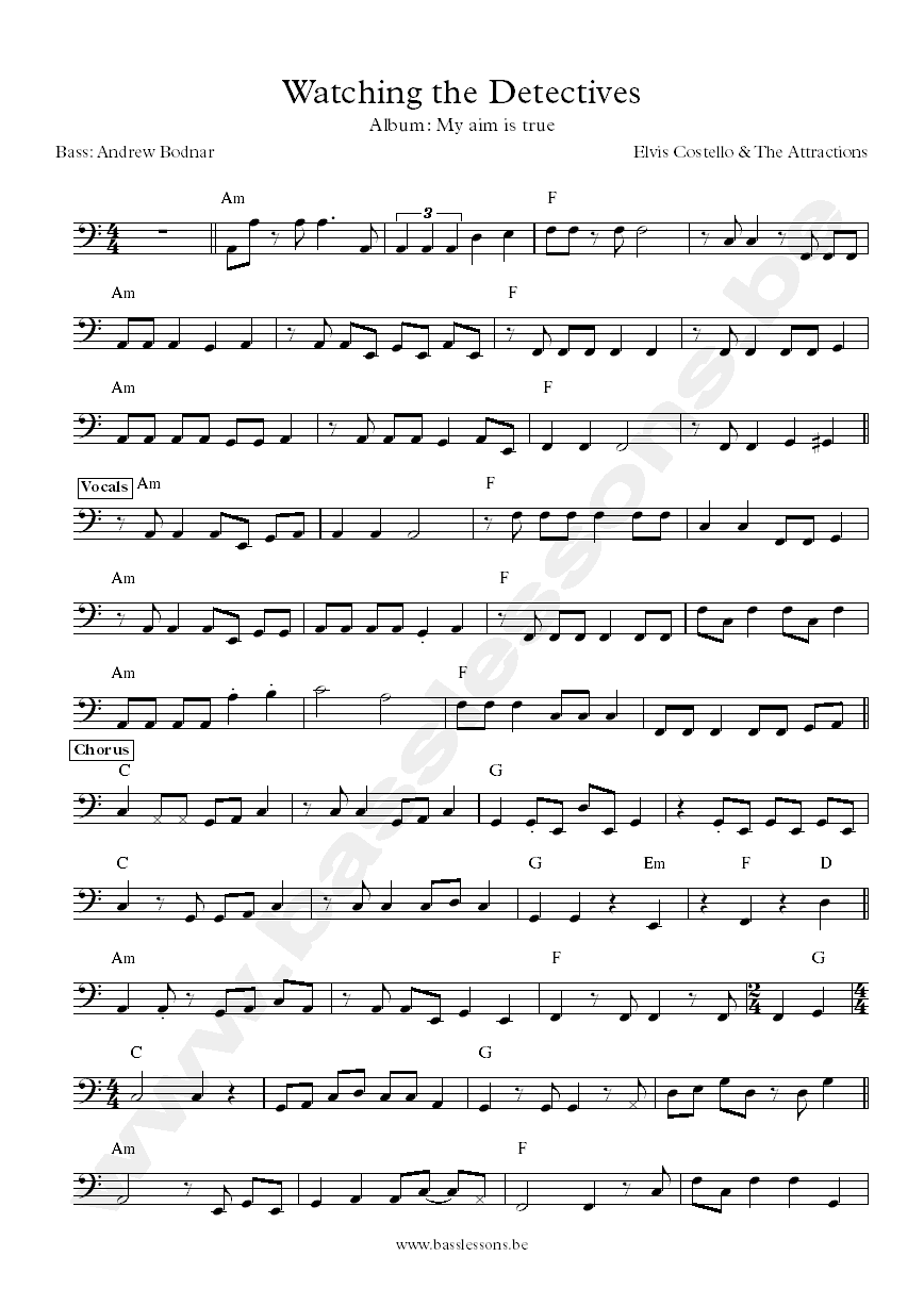 Elvis Costello Watching the detectives Andrew Bodnar Bass Transcription