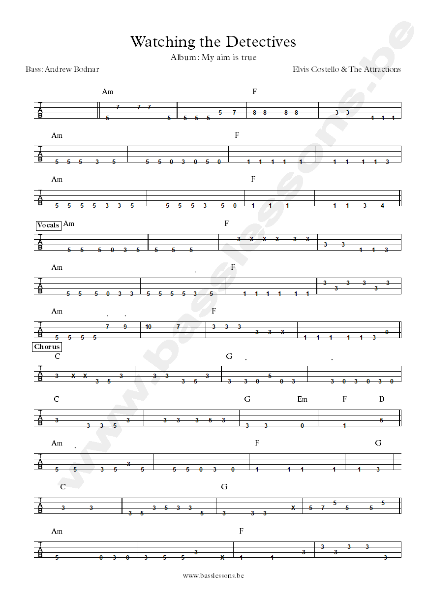 Elvis Costello Watching the detectives Andrew Bodnar Bass tab