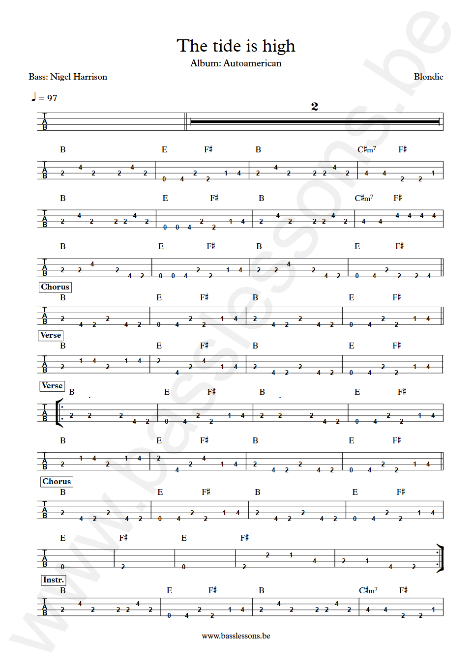 Blondie The tide is high Nigel Harrison Bass Tab