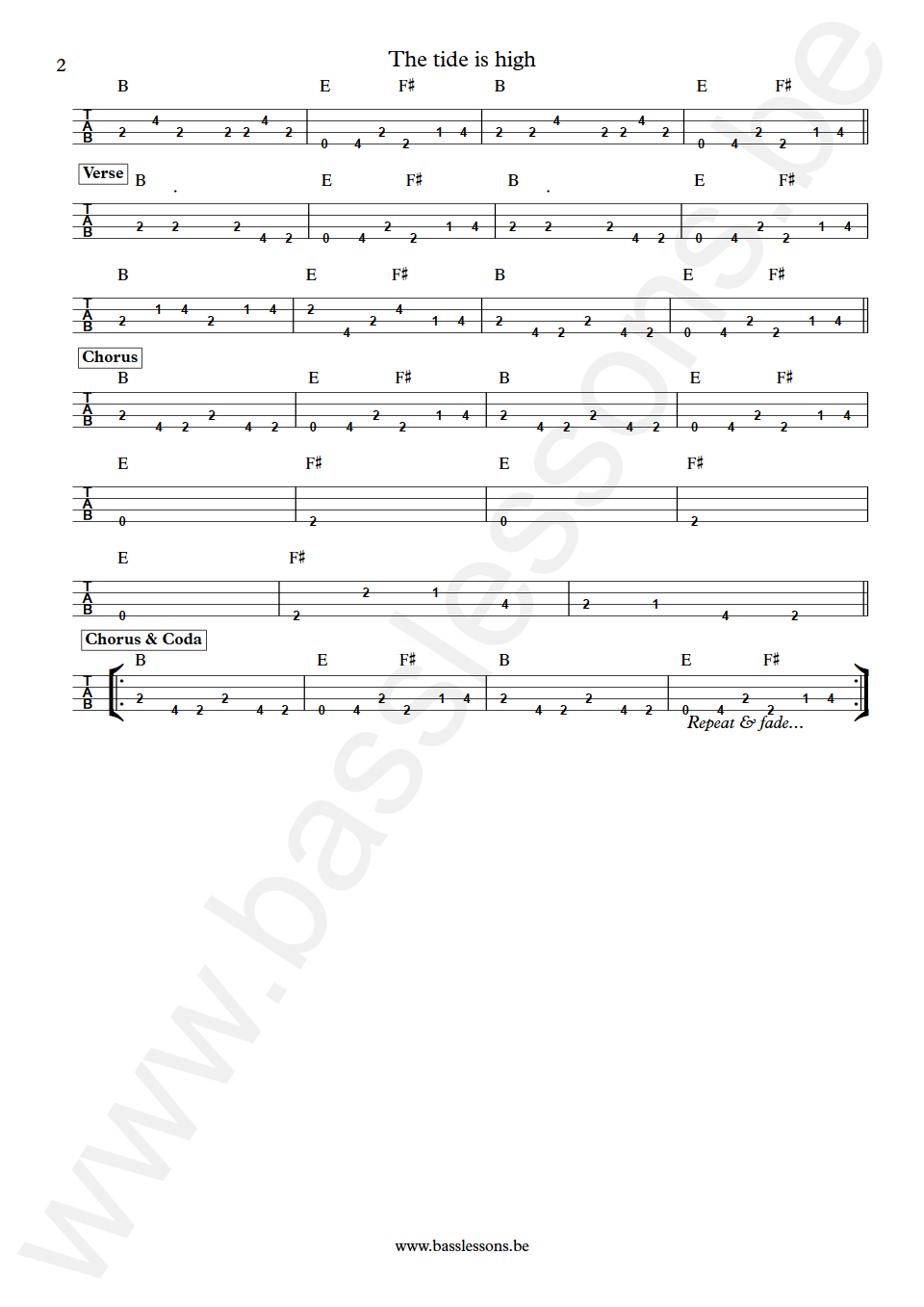 Blondie The tide is high Nigel Harrison Bass Tab part 2