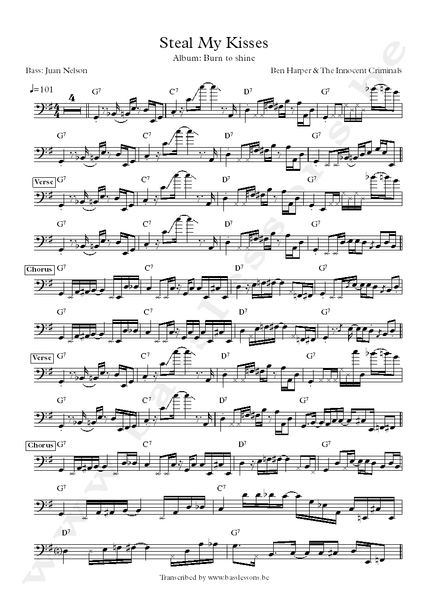 Ben Harper steal my kisses Juan Nelson bass transcription
