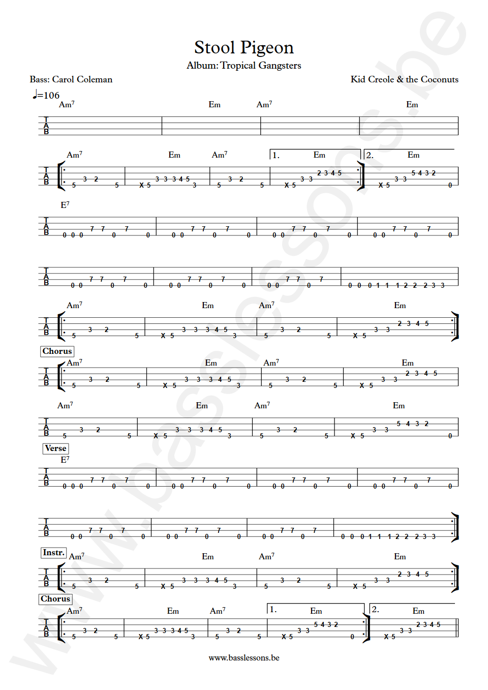 Kid Creole & The Coconuts Stool Pigeon Carol Coleman Bass Tab