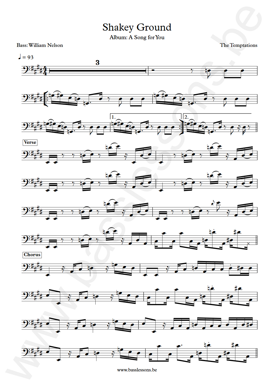 The Temptations Shakey Ground William Nelson Bass Transcription