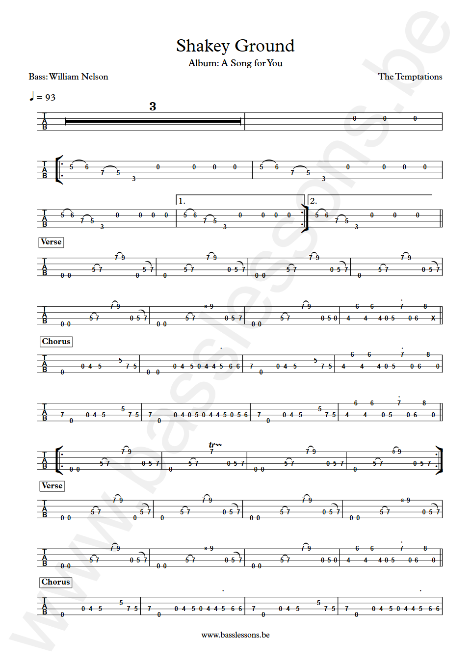 The Temptations Shakey Ground William Nelson Bass Tab
