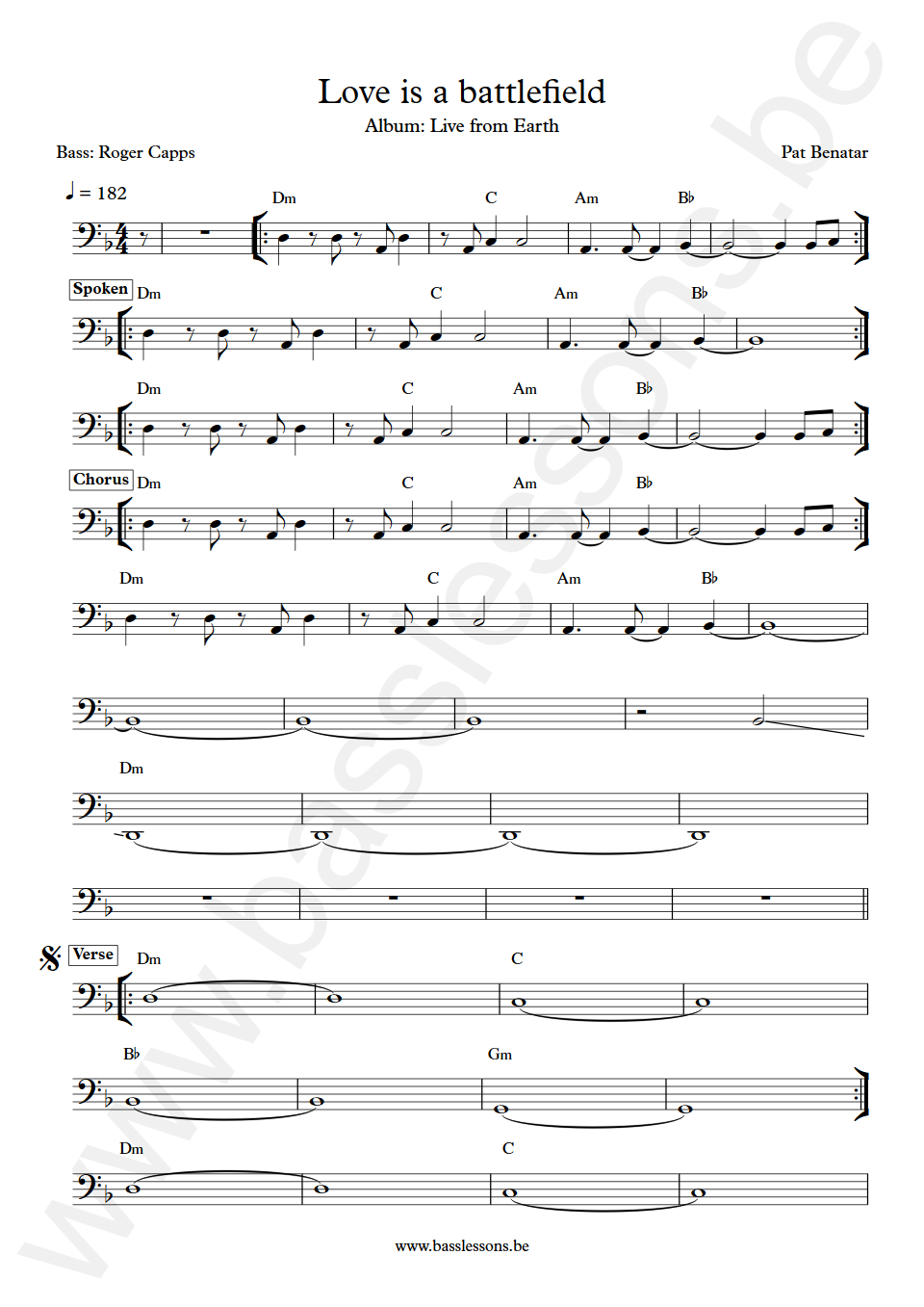 Pat Benatar Love is a battlefield Roger Capps Bass Transcription