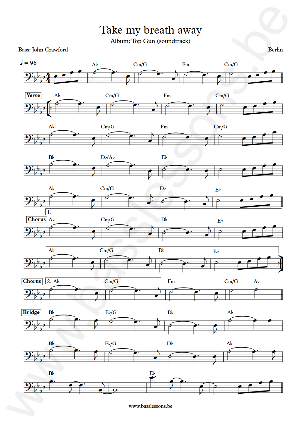 Berlin Take My Breath Away John Crawford Bass Transcription