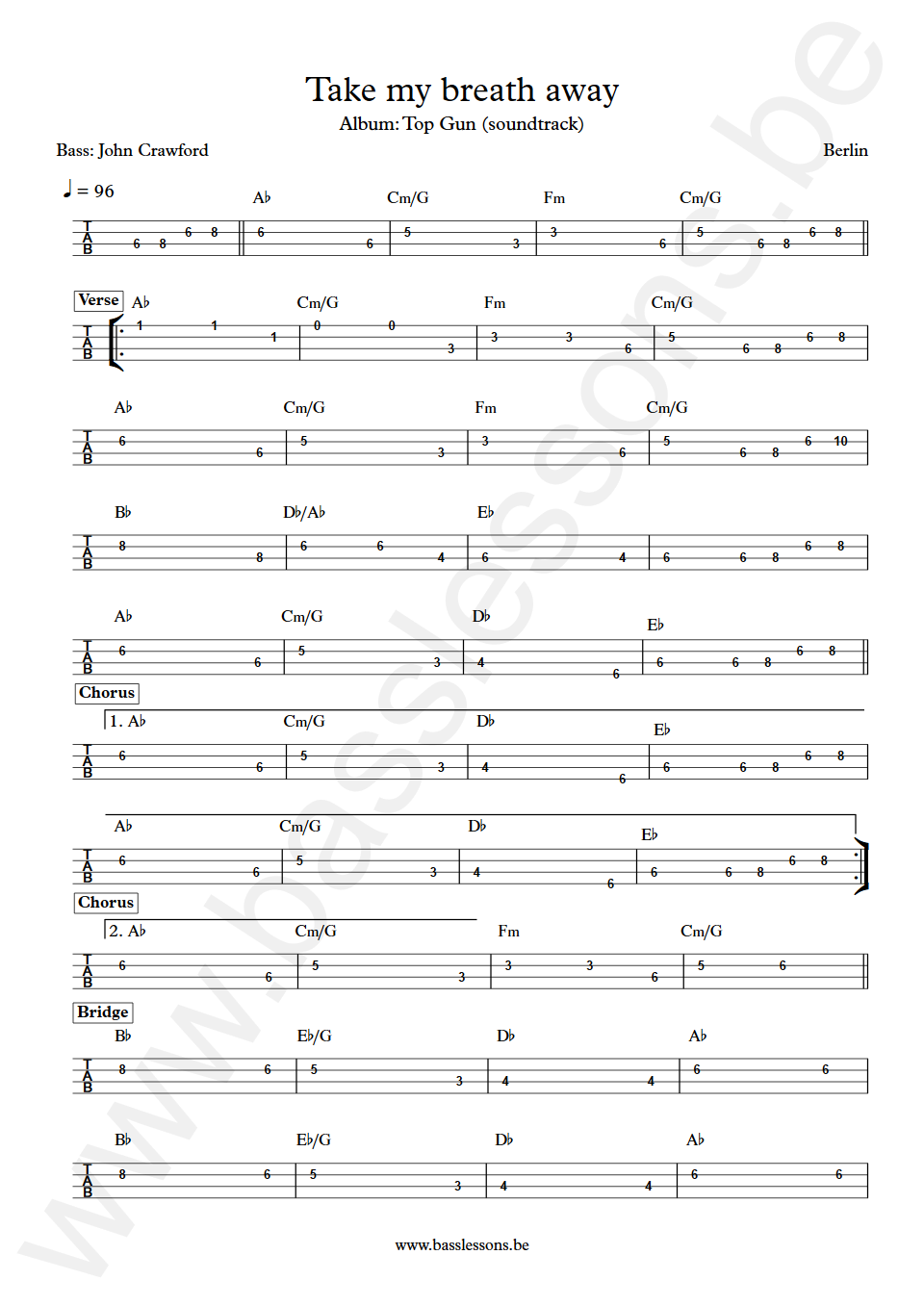 Berlin Take My Breath Away John Crawford Bass Tab