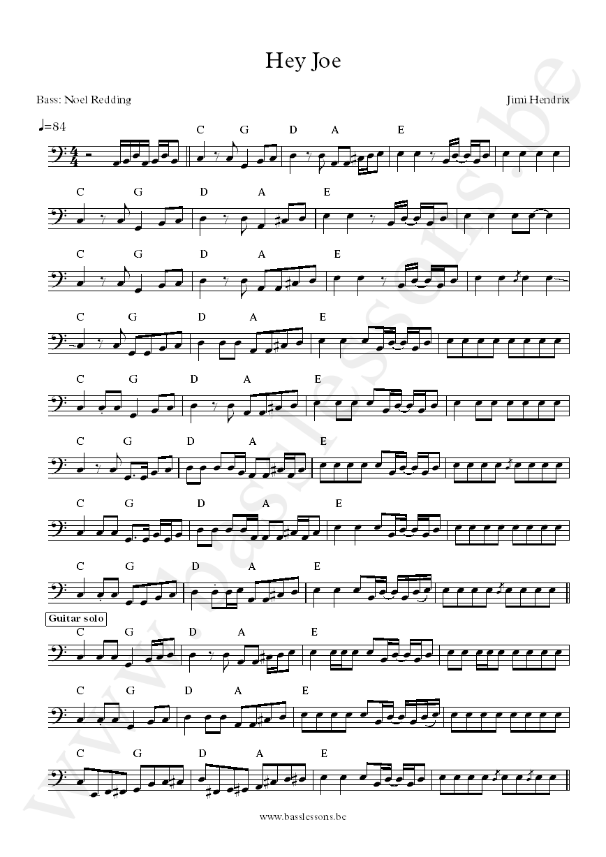 Jimi Hendrix - Hey Joe - Noel Redding bass transcription