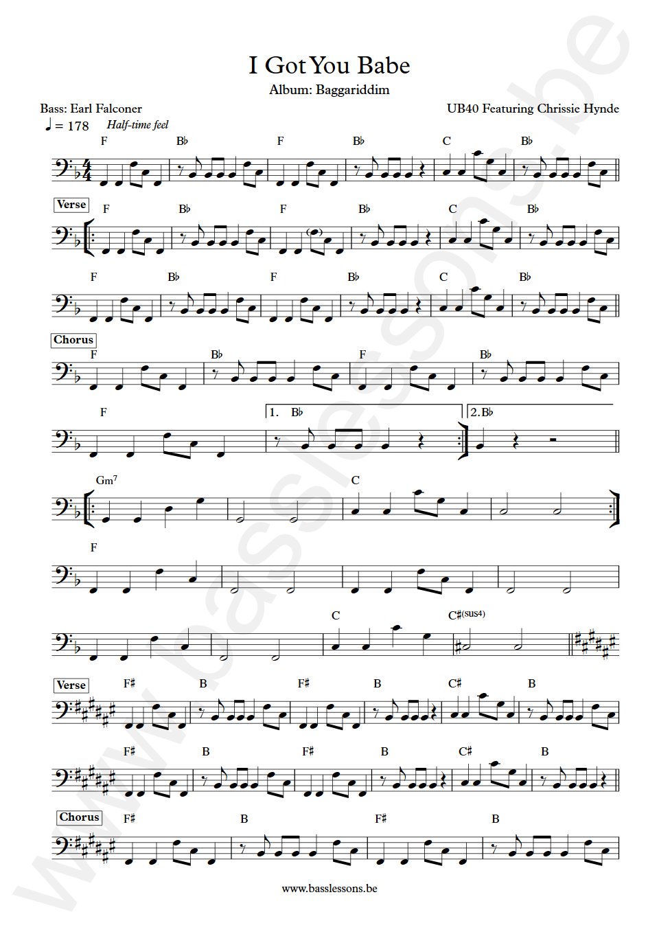 UB40 Featuring Chrissie Hynde I Got You Babe Earl Falconer Bass Transcription