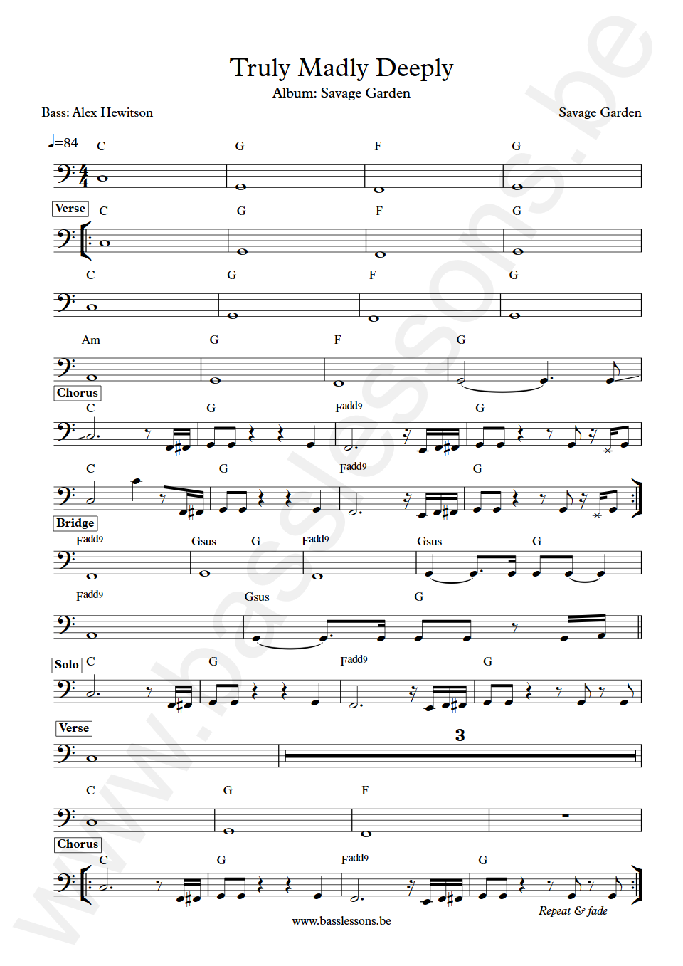 Savage Garden Truly Madly Deeply Alex Hewitson Bass Transcription