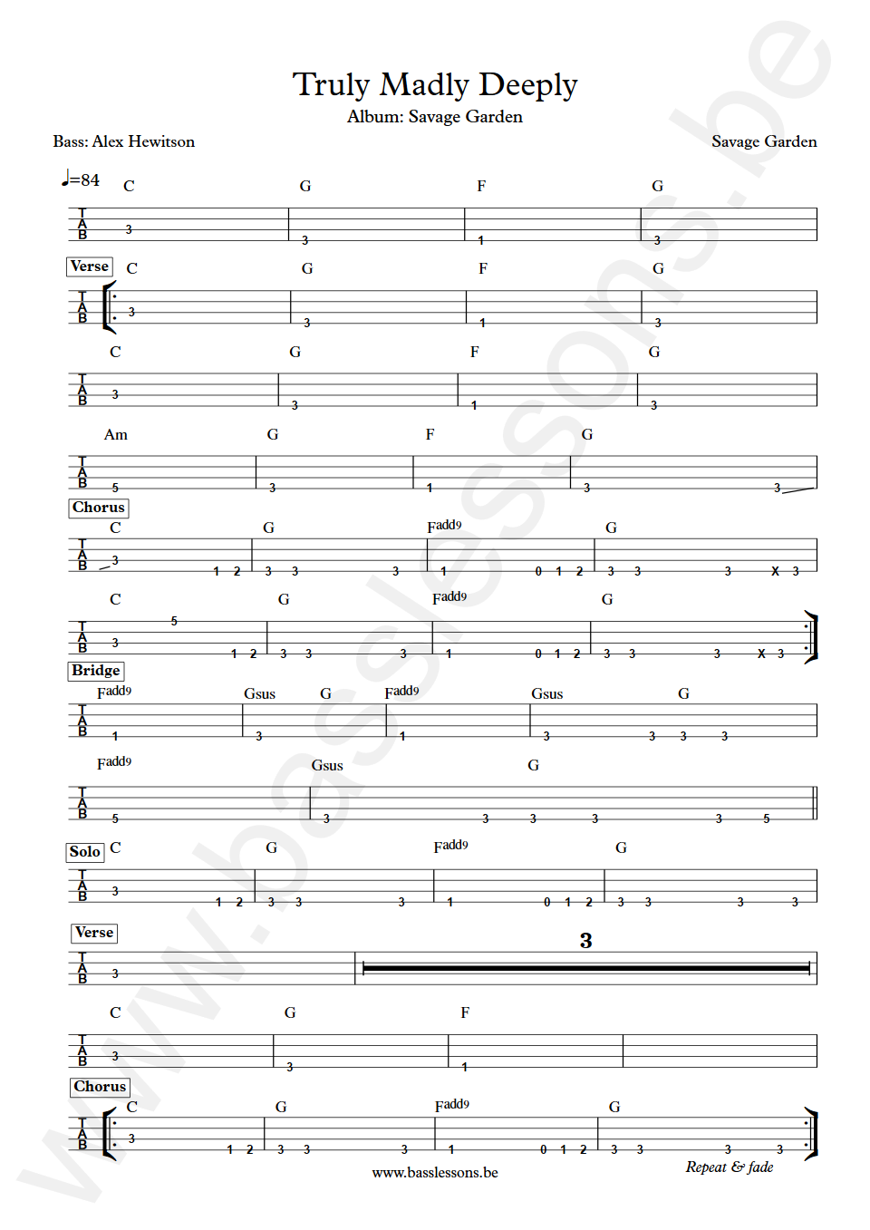 Savage Garden Truly Madly Deeply Alex Hewitson Bass Tab