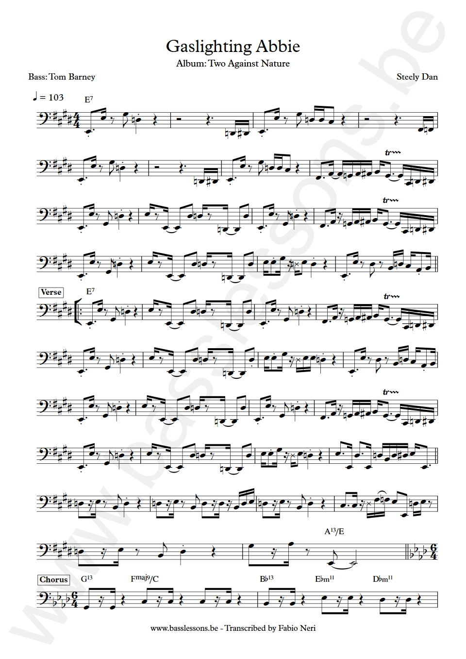 Steely Dan Gaslighting Abbie Tom Barney Bass Transcription
