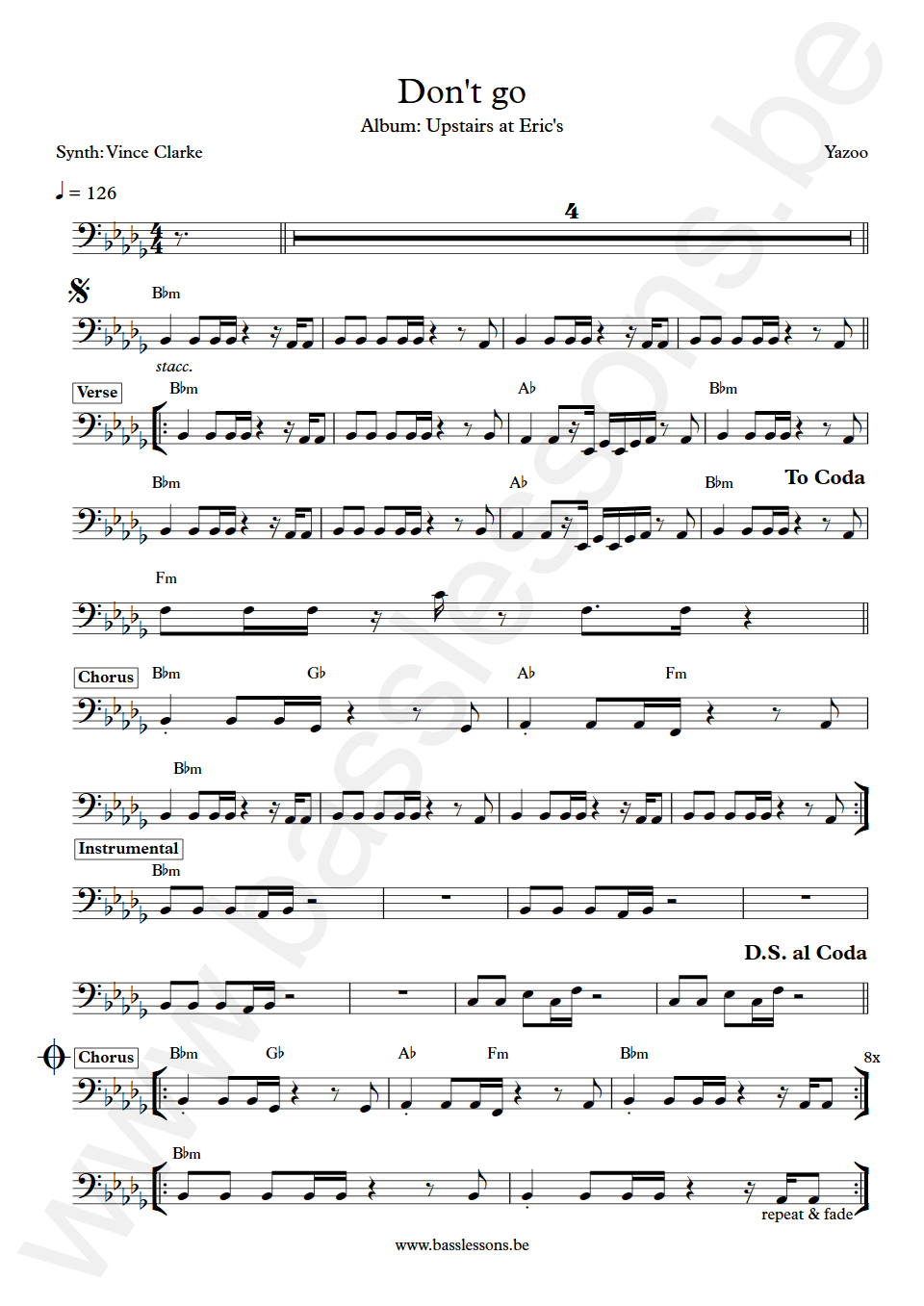 Yazoo Don't Go Vince Clarke Bass Transcription