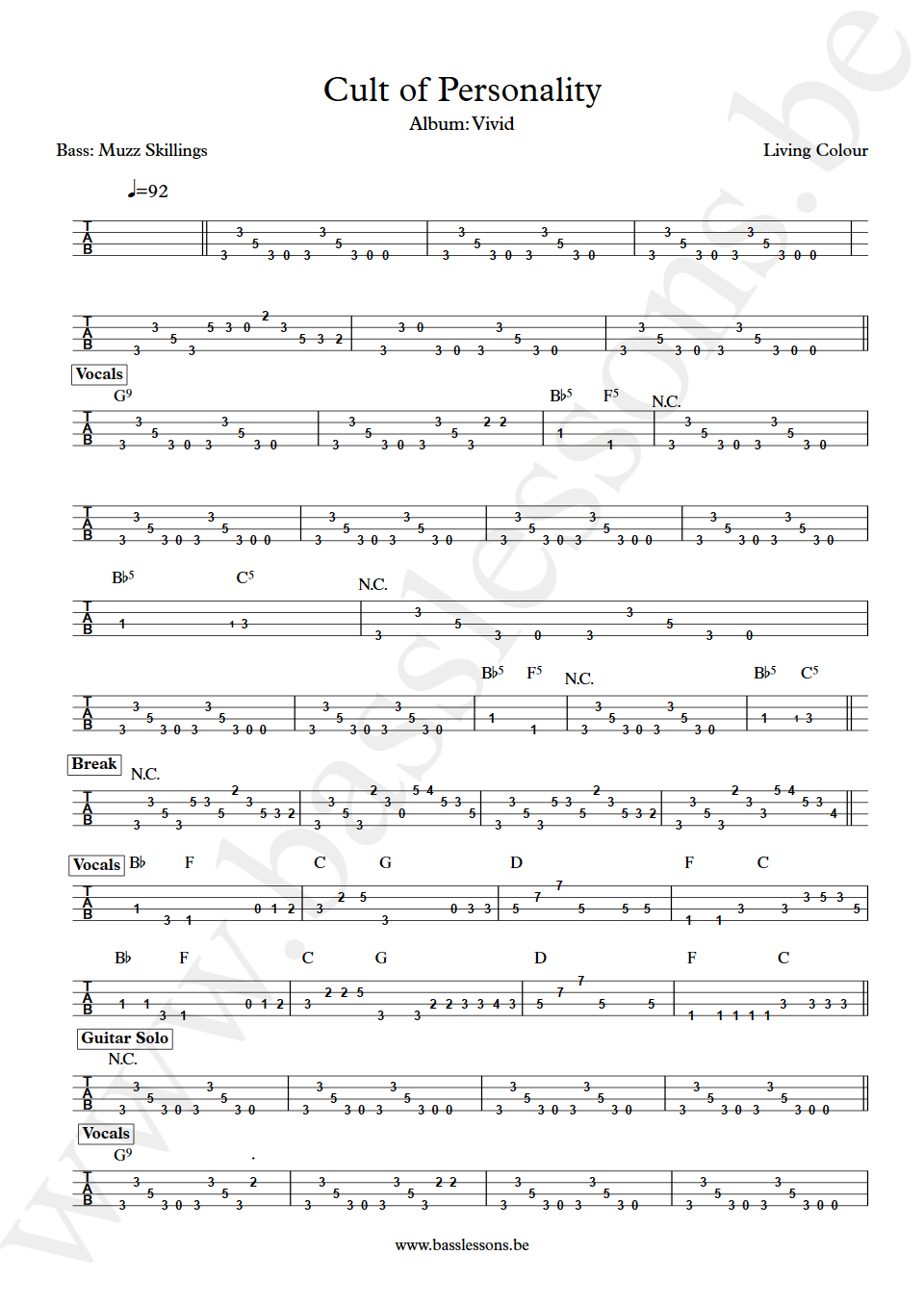 Living Colour Cult of Personality Muzz Skillings bass tab