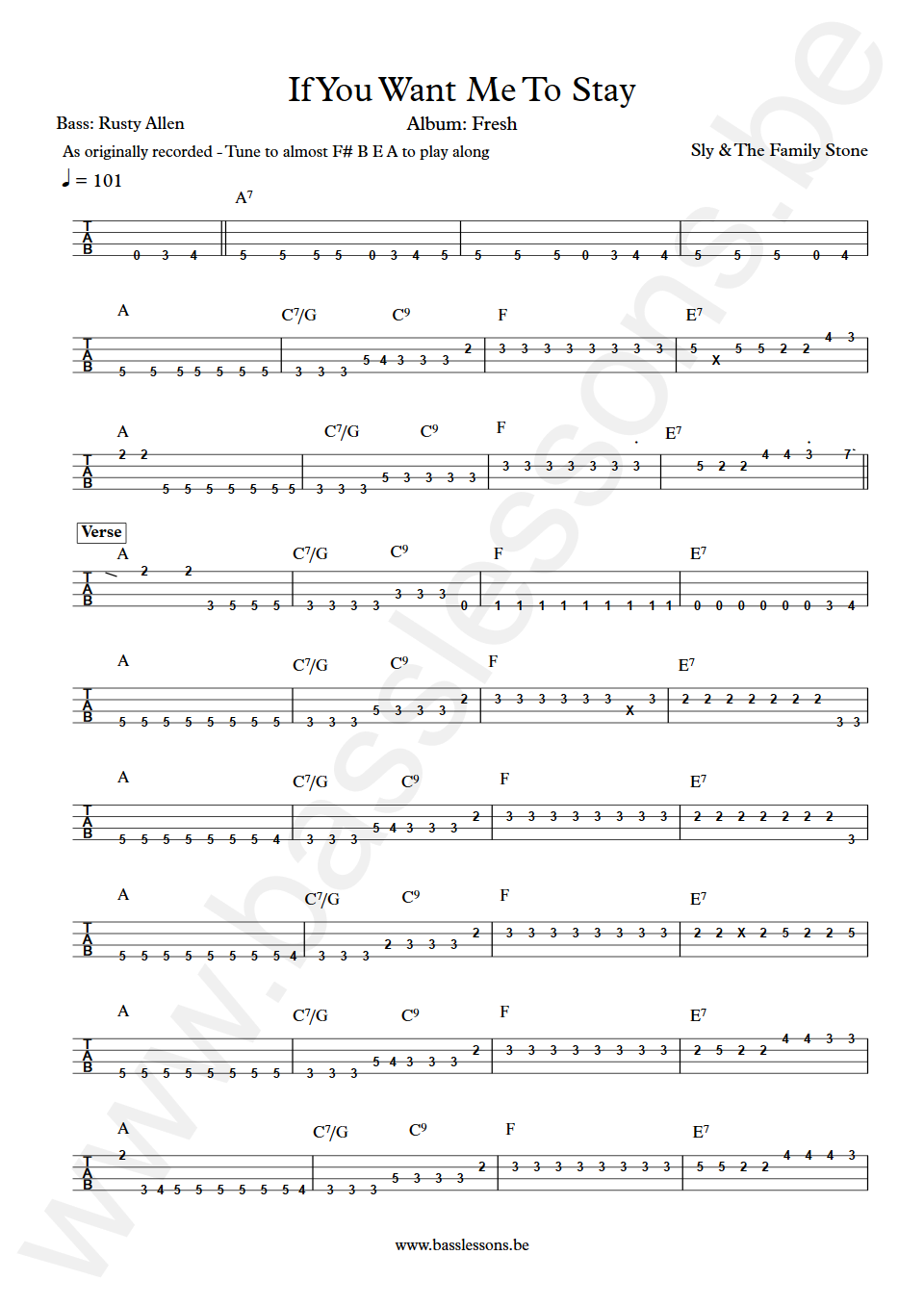 Sly & The Family Stone If You Want Me To Stay Rusty Allen Bass Tab