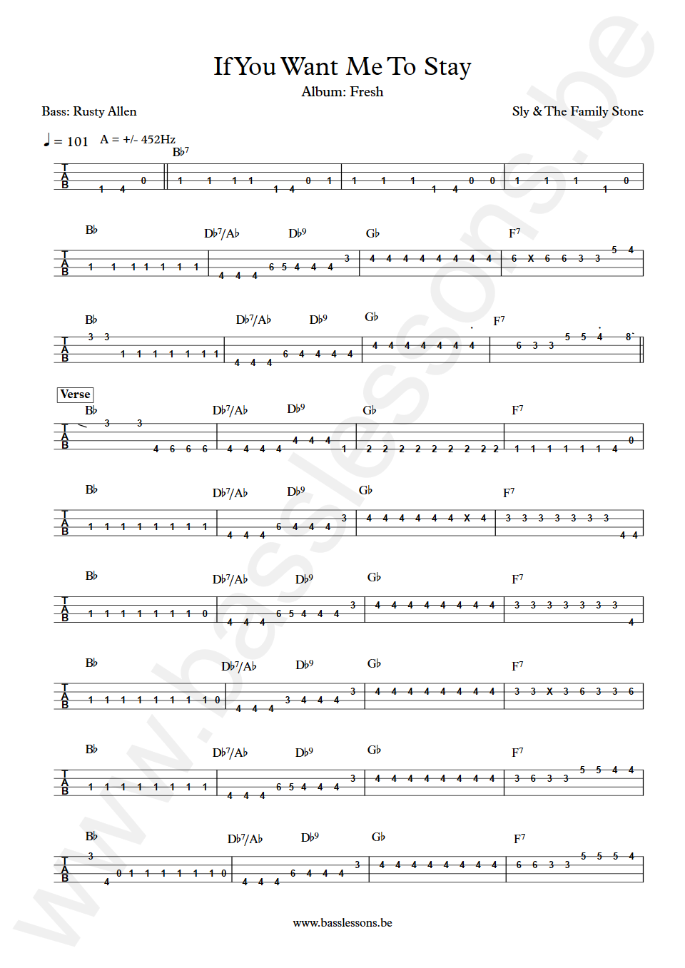 Sly & The Family Stone If You Want Me To Stay Rusty Allen Bass Tab version 2