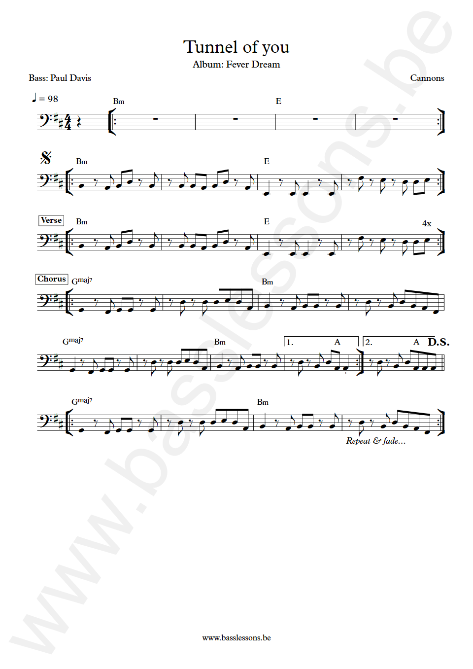 Cannons Tunnel of you Paul Davis Bass Transcription